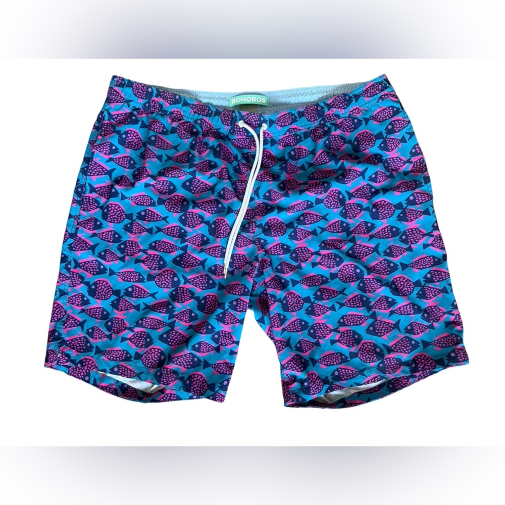 Bonobos Swim Shorts Lined‎ Trunks Men’s XL Blue Pink Fish Print Bright Preppy